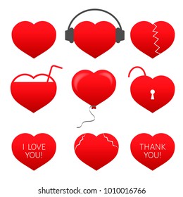 Set of nine red hearts. Flat icons isolated on white background. Valentine’s day vector collection. Love story symbol. Health medical theme. Easy to edit design template for your artworks.
