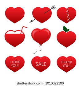 Set of nine red hearts. Flat icons isolated on white background. Valentine's day vector collection. Love story symbol. Health medical theme. Easy to edit design template for your artworks.