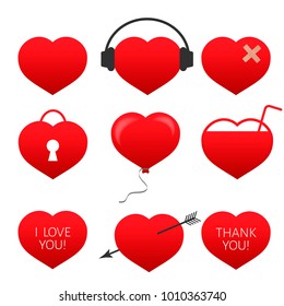 Set of nine red hearts. Flat icons isolated on white background. Valentine's day vector collection. Love story symbol. Health medical theme. Easy to edit design template for your artworks.