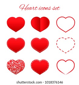 Set of nine red hearts flat icon isolated on white background.  Valentine's day vector collection. Love story symbol. Health medical theme. Easy to edit design template for your artworks.