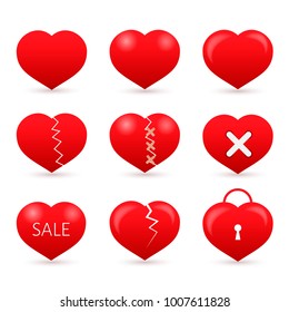 Set of nine red hearts isolated on white background. . Valentine’s day vector collection. Love story  symbol. Health medical flat icon. Easy to edit design template for your artworks.