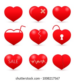 Set of nine red hearts isolated on white background. . Valentine’s day vector collection. Love story symbol. Health medical flat icon. Easy to edit design template for your artworks.