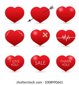 Set of nine red hearts isolated on white background. . Valentine's day vector collection. Love story symbol. Health medical flat icon. Easy to edit design template for your artworks.