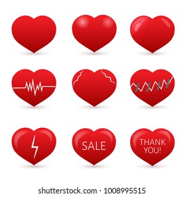 Set of nine red hearts isolated on white background. . Valentine’s day vector collection. Love story symbol. Health medical flat icon. Easy to edit design template for your artworks.