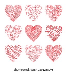 Set of nine red hearts on white background. Vector illustration for your graphic design on Valentines day.
