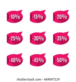 A set of nine red labels discounts of ten to fifty percent in steps of five, long diagonal shadow and flat style, vector illustration.