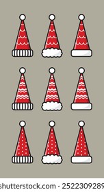 Set of nine red Santa hats with various patterns and trims, vector illustration.
