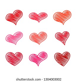 Set of nine red scribble hearts. Symbol of Love. Vector illustration.