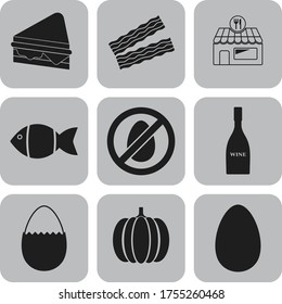 Juego de nueve iconos planos del restaurante. Antecedentes fríos. Ilustración. 
