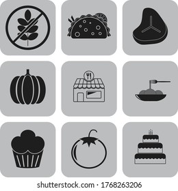 Set of nine restaurant flat icons. Delicate background. Artistic illustration. 