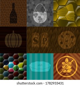 Juego de nueve iconos planos del restaurante. Gracioso fondo. Ilustración intensa. 