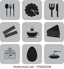 Set of nine restaurant flat icons. Fancy background. Vector illustration. 