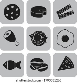 Juego de nueve iconos planos del restaurante. Fondo clásico. Ilustración. 