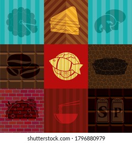 Set of nine restaurant flat icons. Exquisite background. Vector illustration. 