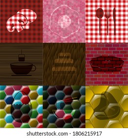 Set of nine restaurant flat icons. Chic background. Illustration. 