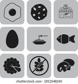 Juego de nueve iconos planos del restaurante. Bonito fondo. Ilustración intensa. 
