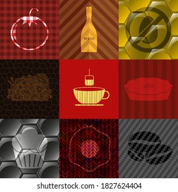 Set of nine restaurant flat icons. Luxurious background. Artistic illustration. 