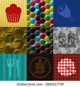 Set of nine restaurant flat icons. Fashionable background. Intense illustration. 