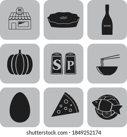 Juego de nueve iconos planos del restaurante. Delicado fondo. Ilustración vectorial. 