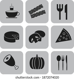 Set von neun Restaurant-Flach-Symbole. Modischer Hintergrund. Künstlerische Illustration. 