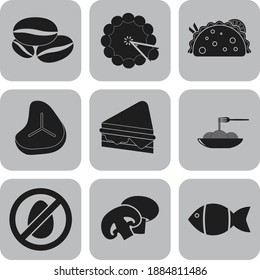 Set of nine restaurant flat icons. Luxurious background. Intense illustration. 