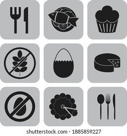 Juego de nueve iconos planos del restaurante. Gracioso fondo. Ilustración vectorial. 