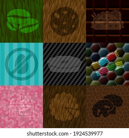 Set of nine restaurant flat icons. Fancy background. Illustration. 