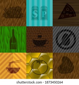 Set of nine restaurant icons. Chic background. Intense illustration. 