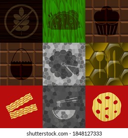 Set of nine restaurant icons. Fancy background. Vector illustration. 