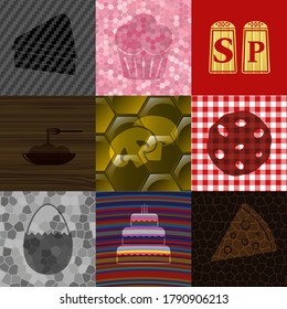 Set of nine restaurant icons. Fashionable background. Artistic illustration. 