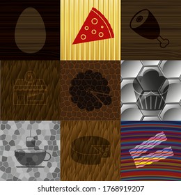 Set of nine restaurant related flat icons. Luxurious background. Artistic illustration. 