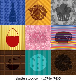 Set of nine restaurant related flat icons. Handsome background. Illustration. 