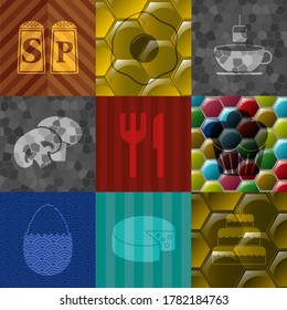 Conjunto de nueve iconos planos relacionados con el restaurante. Fondo clásico. Ilustración vectorial. 