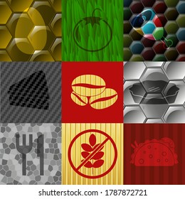 Set of nine restaurant related flat icons. Delicate background. Vector illustration. 