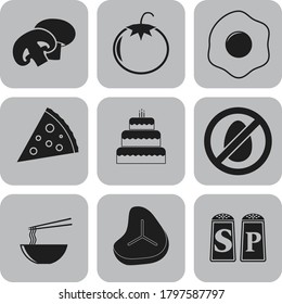 Set of nine restaurant related flat icons. Fashionable background. Illustration. 