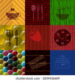 Set von neun Restaurants verwandte flache Symbole. Modischer Hintergrund. Intensive Illustration. 
