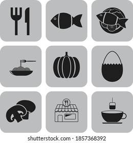 Set of nine restaurant related flat icons. Fashionable background. Vector illustration. 