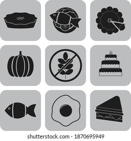 Set of nine restaurant related flat icons. Fancy background. Artistic illustration. 