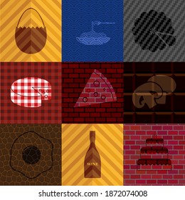 Set of nine restaurant related flat icons. Delicate background. Artistic illustration. 