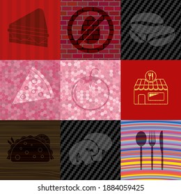 Set von neun Restaurants verwandte flache Symbole. Exquisites Hintergrund. Künstlerische Illustration. 