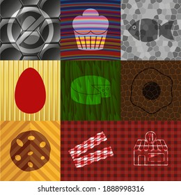 Set of nine restaurant related flat icons. Delicate background. Illustration. 