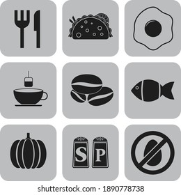 Set of nine restaurant related flat icons. Fancy background. Artistic illustration. 