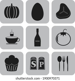 Set of nine restaurant related flat icons. Fashionable background. Vector illustration. 