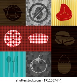 Set of nine restaurant related flat icons. Exquisite background. Vector illustration. 