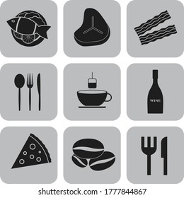 Set of nine restaurant related icons. Fancy background. Artistic illustration. 