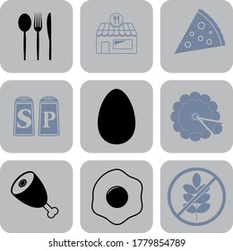 Set of nine restaurant related icons. Graceful background. Intense illustration. 