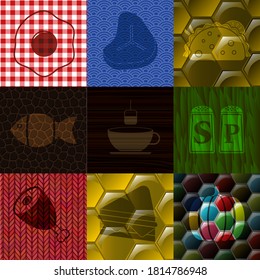 Set of nine restaurant related icons. Chic background. Illustration. 