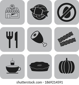 Set of nine restaurant related icons. Fancy background. Intense illustration. 