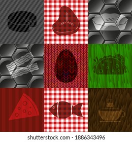 Set of nine restaurant related icons. Classic background. Vector illustration. 