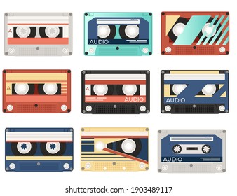 Set of nine retro audio cassettes with different colorful patterns vector illustration on white background
